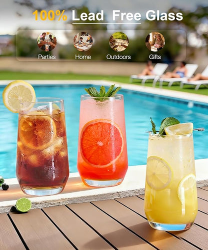 LUNA & MANTHA Drinking Water Glasses Set, Lead-Free Crystal Highball Glass, Tall Glass Cups for Cocktail Parties,Clear set of 8,16.2oz