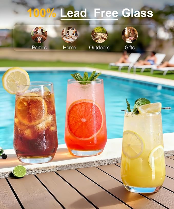 LUNA & MANTHA Drinking Water Glasses Set, Lead-Free Crystal Highball Glass, Tall Glass Cups for Cocktail Parties,Clear set of 6,16.2oz