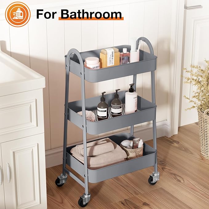 NEWBULIG 3-Tier Metal Rolling Cart with Lockable Wheels, Heavy Duty Mobile Utility Storage Shelf, Roller Book Snack Cart, Grey