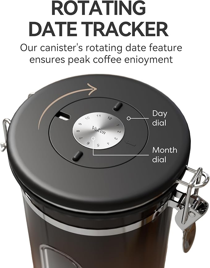 Veken Coffee Canister with Window,Airtight Stainless Steel Kitchen Food Storage Container, Date Tracker & Scoop for Grounds Coffee, Beans, Tea,Flour,Cereal,Sugar,22OZ,Copper (Pack of 2)