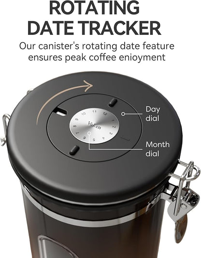 Veken Coffee Canister with Window,Airtight Stainless Steel Kitchen Food Storage Container, Date Tracker & Scoop for Grounds Coffee, Beans, Tea,Flour,Cereal,Sugar,22OZ,Copper (Pack of 2)
