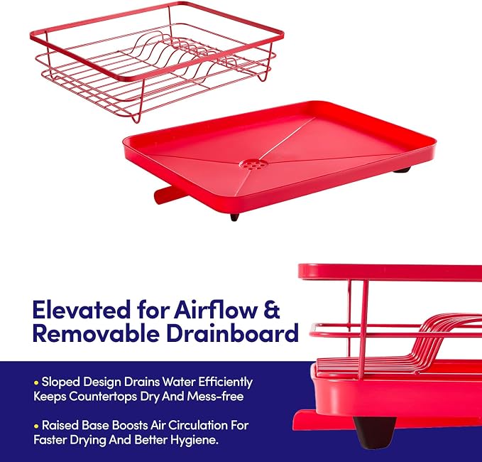 Dish Drying Rack 3 Piece Dish Drainer with Drainboard Set for Kitchen Counter ✅– Dish Rack with Removable Utensil Holder & Swivel Spout for Countertop ✅– DishRack for Plates, Cups & Organization, Red