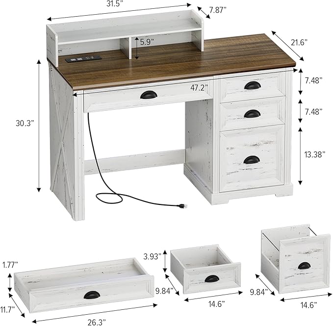 FREDEES Farmhouse Computer Desk with Monitor Stand, 47 in Home Office Desk with LED & Power Outlets, Executive Desk with Drawers for Working Gaming, Writing Table for Bedroom, Antique White