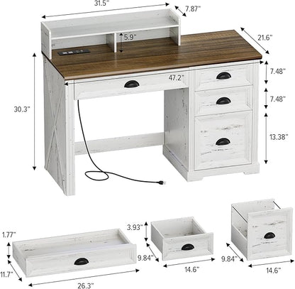 FREDEES Farmhouse Computer Desk with Monitor Stand, 47 in Home Office Desk with LED & Power Outlets, Executive Desk with Drawers for Working Gaming, Writing Table for Bedroom, Antique White