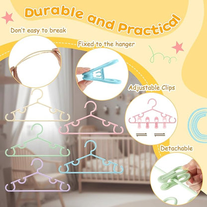 Hsei 5/10/40 Pack Baby Hangers with 10/20/80 Clips, Plastic Kids Pants Hangers for Nursery Closet Top and Bottom Clothes Hanger Set for Newborn Infant Toddler(30 Packs Total,Fresh Color,10.6 Inch)