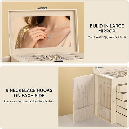 Frebeauty Large Jewelry Box,6-Tier PU Leather Jewelry Organizer,Multi-functional Storage Case with Mirror,Accessories Holder with 5 Drawers for Necklace Bracelets Watches(Beige)