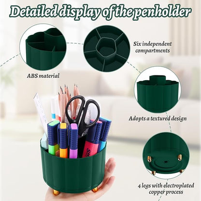 Desktop Organizer 360 Rotating, with 6 Slots Pen & Pencil Holder, Desk Caddy for Markers, pen, pencil, Space Saving Office Organization, Small Desk Essentials, Work Home, Green