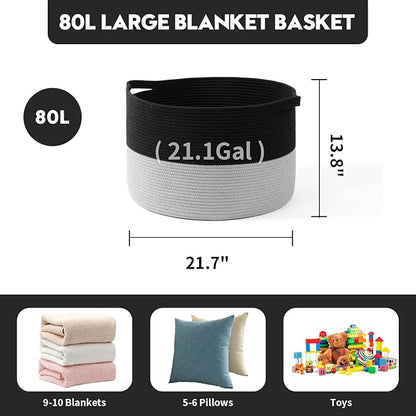 Foldable Laundry Hamper Basket with Collapsible Handle Cotton Rope Soft Woven Fabric Storage Organizer Clothes Toys Nursery Bedroom Dorm Space Saving Bin (Black & Grey, 80L(21.7"D x 13.8"H))