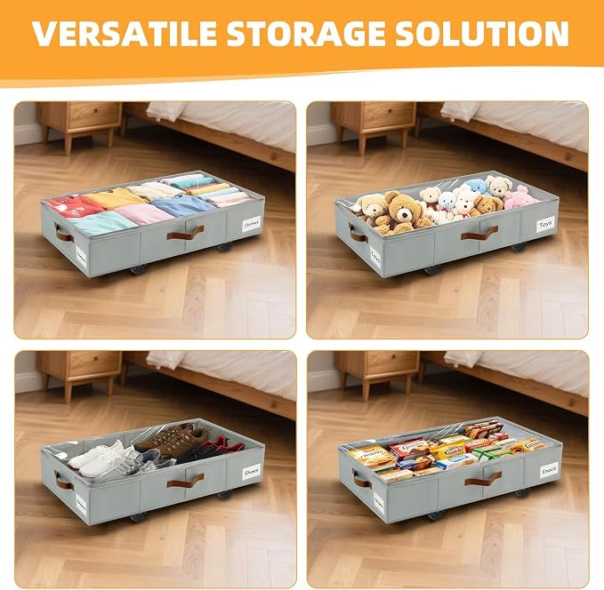 Under Bed Storage with Wheels,Underbed Storage with Sturdy Sidewalls/Bottom, Clear Cover, Label and PU Handle, Rolling Under Bed Drawers for Clothes, Shoes, 6.5 Inch Height,Grey, 4 Pack
