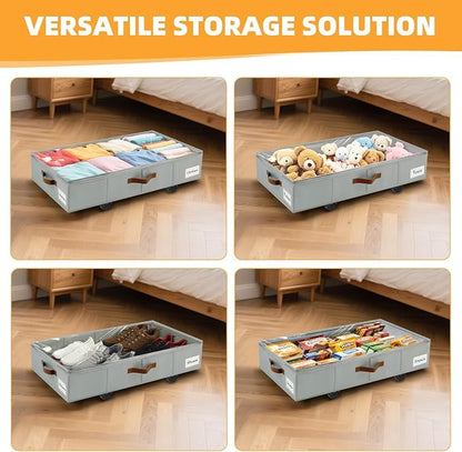 Under Bed Storage with Wheels,Underbed Storage with Sturdy Sidewalls/Bottom, Clear Cover, Label and PU Handle, Rolling Under Bed Drawers for Clothes, Shoes, 6.5 Inch Height,Grey, 4 Pack