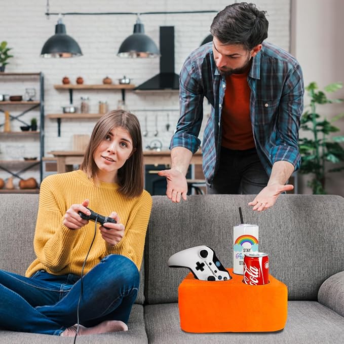 3 Hole Couch Bed Cup Holder Pillow, Keep Drinks Hand Side and KeepTemp, Prevent Spills, Use Anywhere - for Bed, Camping, RV, Car, Beach. Orange