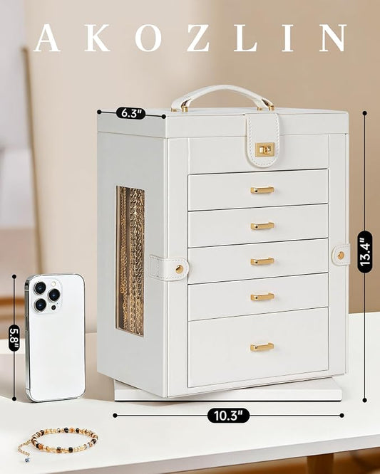 AKOZLIN Jewelry Box 6-Tier Organizer Functional 360° Rotating Jewelry Storage Case for Women Girls Ring Necklace Earring Bracelet Holder with Mirror