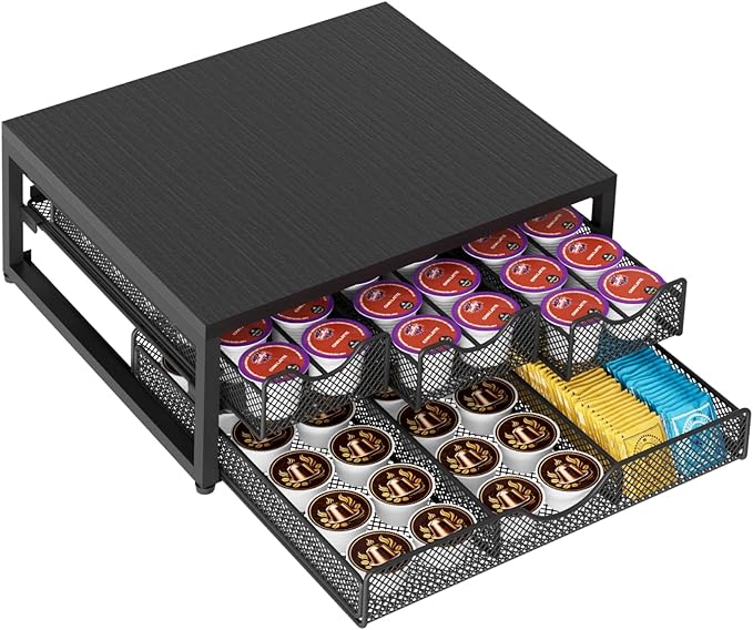 Coffee Pod Holder For Counter, 3 Pull-Out 72 K-Cup Holder Drawer, Wooden Cafe Pods Storage Organizer with Sliding Drawers for Coffee Station, Home, Kitchen, Office, Dorm (Black)