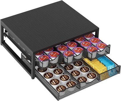 Coffee Pod Holder For Counter, 3 Pull-Out 72 K-Cup Holder Drawer, Wooden Cafe Pods Storage Organizer with Sliding Drawers for Coffee Station, Home, Kitchen, Office, Dorm (Black)