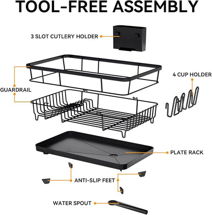 TOOLF Dish Drying Rack, Dish Racks for Kitchen Counter, Stainless Steel Sink Organization and Storage Essentials with Cutlery Holder, Dish Drainer, Home and Appartment Decor, 12.4''W x 16.5''L, Black