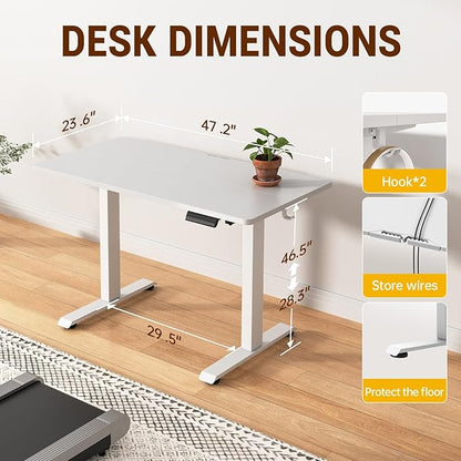Veken 47.2 Inch Large Electric Standing Desk, Heights Adjustable, Sit to Stand Up, Work Home Office Computer Table for Study, Walking Pad, Writing, and Games, Wooden Desktop Desks, White