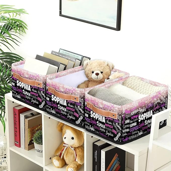 Custom Storage Baskets for Decor with Name, Small Organizer Collapsible Storage Bin with Leather Handle, Toilet Tank, Towel Storage, Entryway, light Pink Bling Bling with Black