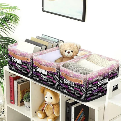 Custom Storage Baskets for Decor with Name, Small Organizer Collapsible Storage Bin with Leather Handle, Toilet Tank, Towel Storage, Entryway, light Pink Bling Bling with Black