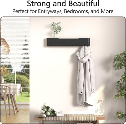 Coat Rack Wall Mount with Shelf 5 Hidden Hooks Modern Wooden Key Holder Entryway Organizer for Hallway Bedroom Bathroom Home Decor Storage for Hanging Coats Hats Bags Towels, Black