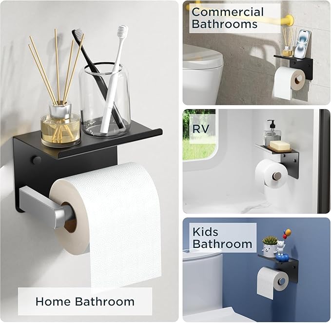 FORIOUS Toilet Paper Holder with Shelf, Adhesive or Screw Wall Mount Toilet Paper Roll Holder for Bathroom, Rustproof 304 Tissue Dispenser with Phone Shelf (1, Matte Black & Brushed Nickel)