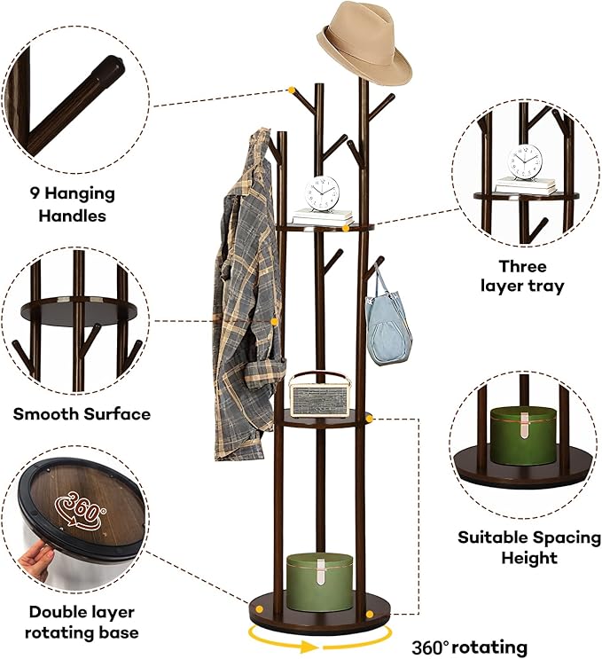 Freestanding Coat Rack, Solid Pine Wood Rotary Coat Tree with 3 Shelves and 9 Hanging Handles, Coat Hanger Stand for Bedroom, Entryway, Livingroom(Walnut Color)