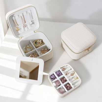 DesignSter Travel Jewelry Case for Woman, Small Travel Jewelry Box with Mirror,4.72×4.72×3.54 inches,Portable Design Travel Jewelry Organizer,Double Headed Zipper