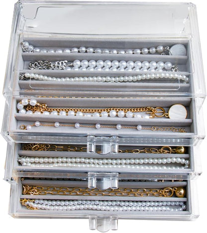 YUFONG Necklace Holder Organizer, Dustproof Necklace Box Velvet Necklace Organizer Box with Lid Clear Acrylic Dustproof Stackable Jewelry Displays for Necklaces Chain Display (Gray, 3 Drawer)