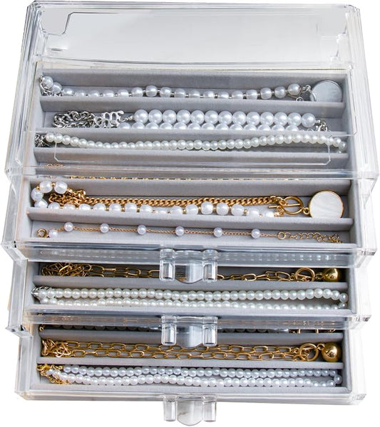 YUFONG Necklace Holder Organizer, Dustproof Necklace Box Velvet Necklace Organizer Box with Lid Clear Acrylic Dustproof Stackable Jewelry Displays for Necklaces Chain Display (Gray, 3 Drawer)