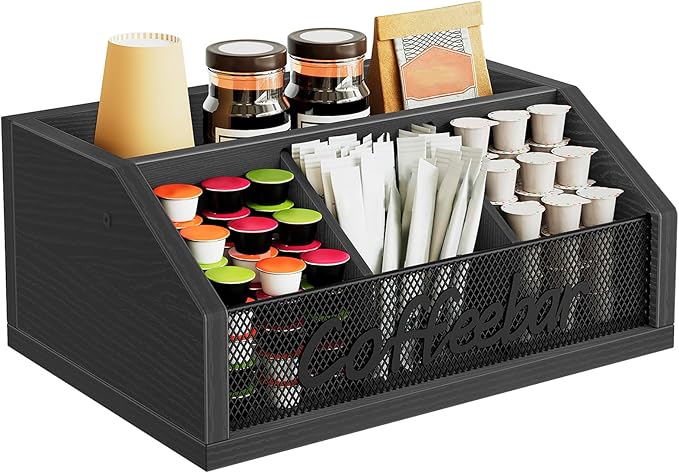 YATINEY Coffee Bar Organizer, Wooden Coffee Pod Organizer for Countertop, Versatile Pod Holder with Dividers, Holds Syrup, Cups, Tea Bags, Easy Assembly, Black KH11BB