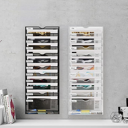 13 Tier Hanging Wall File Holder, Metal A4 Wall Mounted Document Holder, Vertical Hanging Mail Organizer, Magazine Storage Rack with Tray for Office Home Classroom, White
