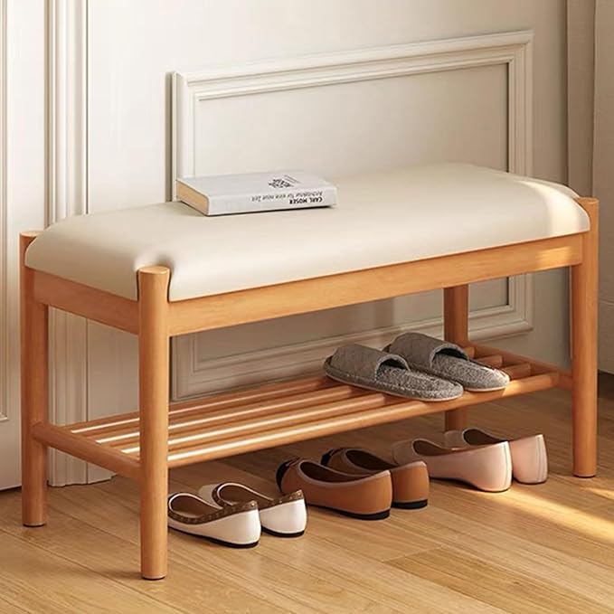 Solid Wood Shoe Bench with Cushion, 2-Tier Shoe Rack for Front Door Entrance, Enterway Benches with Shoe Storage (Natural, 31.5in)