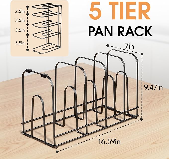ORDORA Pots and Pans Organizer Rack under Cabinet 16.59" Tall, 5-Tier Pan Organizers inside Cabinet, Space Saving Kitchen Storage Pot Rack for Baking Pan Cast Iron Skillets Cookware - No Assembly
