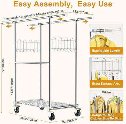 Stainless Steel Heavy Duty Clothes Rack Load 960LBS, Freestanding Garment Racks with Three Rods for Hanging, Rolling Clothing Rack with 360° Wheels for Bedroom Laundry Commercial