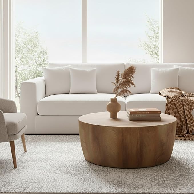 29.5" Round Coffee Table, Convertible Rustic Coffee Table Table with Wooden Veneer, Drum Coffee Table for Living Room, MDF, Already Assembled