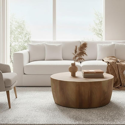 29.5" Round Coffee Table, Convertible Rustic Coffee Table Table with Wooden Veneer, Drum Coffee Table for Living Room, MDF, Already Assembled