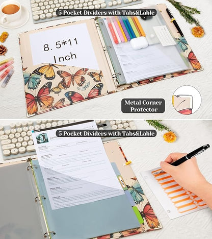 3 Ring Binder 1 Inch,BVSSX Three Ring Binders Organizer with Clipboard, 5-Tabs Pockets Dividers, Plastic Folder, 18 Divider Stikers,Pen Loop (Butterfly, Letter Size)