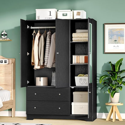 VINGLI Armoire Wardrobe Closet with Doors and Mirror,47" W Wardrobe Cabinet Wooden with Hanging Rod & Shelves Inside, 4 Door Bedroom Armoires with Drawers, Black Freestanding Armoire for Bedroom