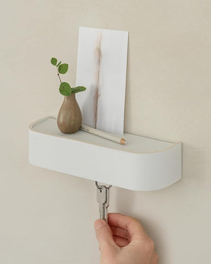 Kazai. Key Holder 'Toke' | Minimalist Key Hook Design from Berlin | Modern Key Holder Wall Mount with Wooden Shelf | Key Rack for Wall as Entryway Organizer | White