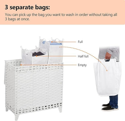 Laundry Hamper with 3 Removable Liner Bags; 132L Handwoven Rattan Laundry Basket with Lid & Heightened Feet; Clothes Hamper with Side Handles; Laundry Sorter with 3 Separate Sections (White)