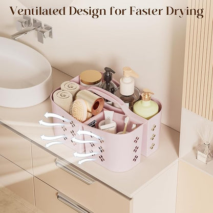 Portable Shower Caddy with Handle, Large Capacity Shower Basket Organizer, Quick-Drain Bathroom Storage Tote, Durable Plastic Shower Organizer for College Dorm, Beach, Gym, Travel Essentials, Pink