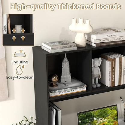 Desk Hutch, Desktop Shelf with 4 Shelves, Desk Bookshelf w/Anti-Toppling Devices, Wood Table Top Bookshelf Organizer, Small Desk Shelf for Study, Office, Dorm (Black, 4 Shelves)