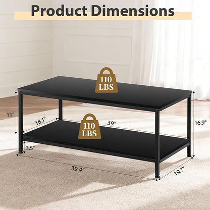 SUPER DEAL 2-Tier Coffee Table with Storage Shelf for Small Apartment Living Room, Rectangle Wood and Stable Metal TV Stand Side End Table, Black