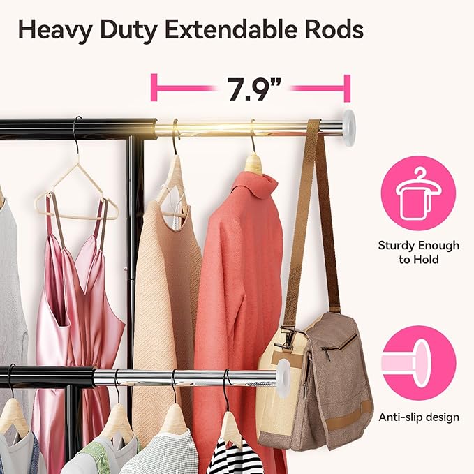 SUFAUY Double Rod 80" Tall Rolling Clothing Garment Rack for Hanging Dresses Clothes, with Caseter Wheels & Adjustable Rod & Shelves, Black