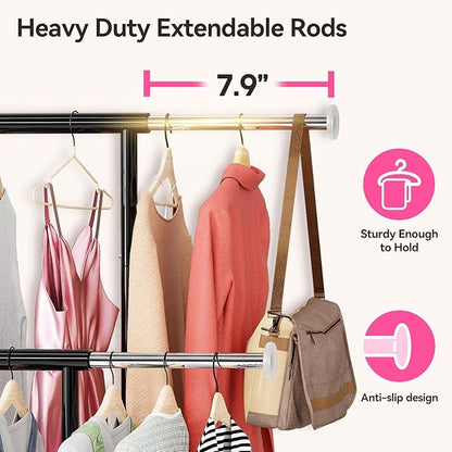 SUFAUY Double Rod 80" Tall Rolling Clothing Garment Rack for Hanging Dresses Clothes, with Caseter Wheels & Adjustable Rod & Shelves, Black