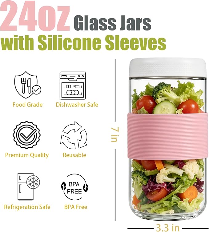 24 oz (6 Pack) Overnight Oats Containers with Airtight Lids and Silicone Sleeves - Perfect for Overnight Oats, Salad, Yogurt, Snacks, Pickles - Leakproof and Reusable Glass Food Storage Containers