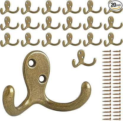 20 Pack Coat Hooks Wall Hooks for Hanging, Heavy Duty Double Prong Metal Hook Wall Mounted for Living Room, Bathroom, Kitchen, Bedroom for Coat, Bag, Scarf, Towel, Hat, Key, Cup (Bronze)