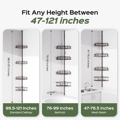 HAMITOR Shower Caddy Tension Pole: 4-Tier Rustproof Bathroom Corner Shelf Organizer for Renters - No Drill Large Shampoo Storage Rack Adjustable 47-121 Inch - Space Saving Bathtub Accessory - Bronze