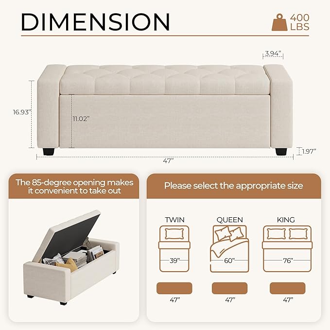 Ottoman with Storage Bench,Large Storage Ottoman Entryway Benches Ottoman Bench with Cushion and Safety Hinge