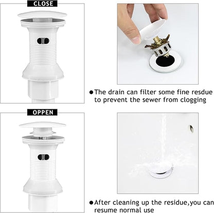 Bathroom Sink Drain,2 Pack White Drain Stopper Bathroom Sink With Overflow,Pop Up Drain Assembly with Detachable Strainer Basket,Built-in Anti-Clogging, Stainless Steel Nut