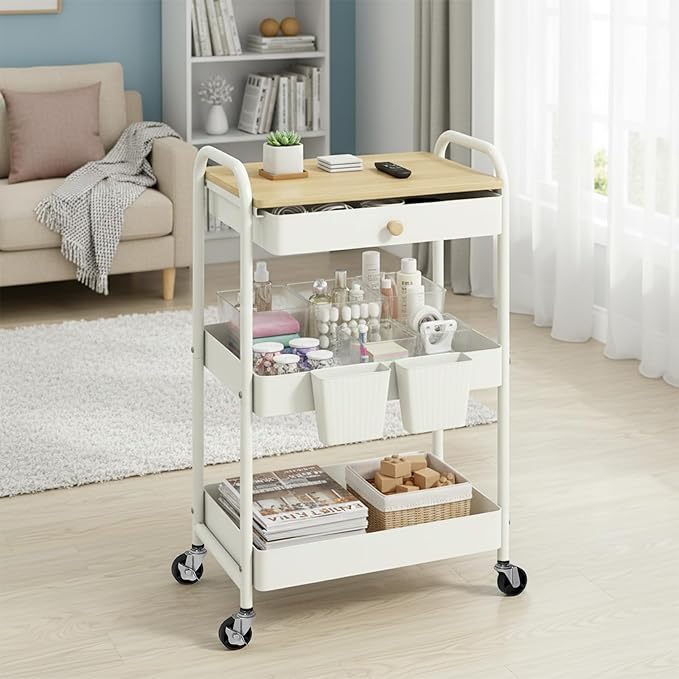 danpinera 3 Tier Rolling Cart with Wooden Table Top, White Rolling Utility Cart with Drawer & Locked Wheels, Easy Assembly for Nursery, Living Room, Studio